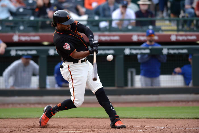 SF Giants center fielder Henry Ramos hits a double during the ninth inning against the Chicago Cubs at Scottsdale Stadium. (2019)